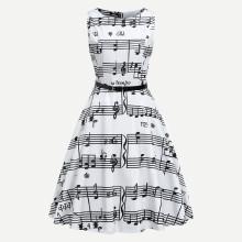 Shein Music Notes Pattern Belted Circle Dress