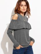 Shein Grey Cold Shoulder Ruffle Trim T-shirt