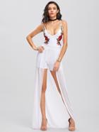 Shein Plunge Embroidered Appliques Sheer Layered Romper