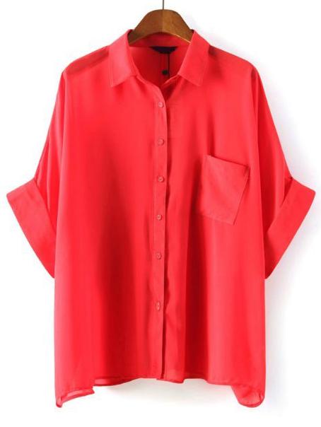 Shein Batwing Pocket Loose Red Blouse