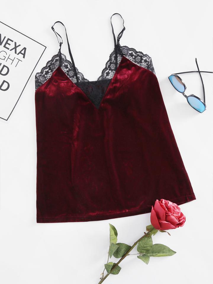 Shein Velvet Contrast Floral Lace Trim Cami Top