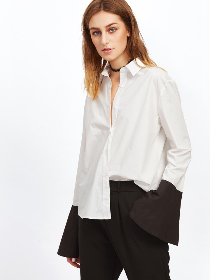 Shein White Contrast Split Bell Cuff Blouse