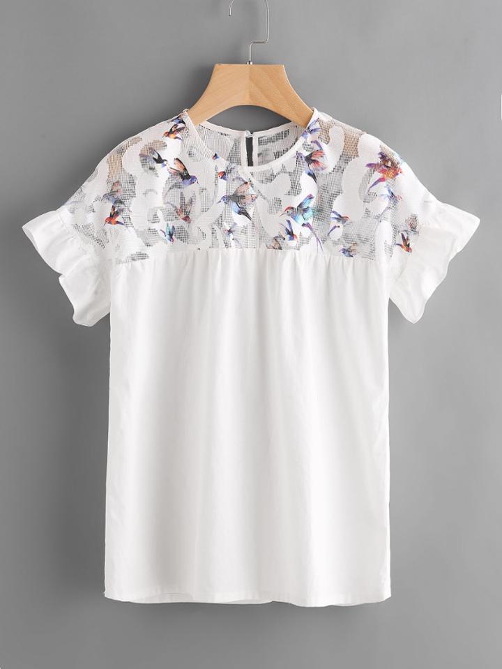 Shein Bird Print Keyhole Back Fishnet Yoke Ruffle Sleeve Top
