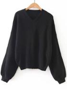 Shein Black V Neck Lantern Sleeve Sweater