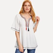 Shein Embroidered Neckline Fringe Tape Detail Smock Top