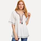 Shein Embroidered Neckline Fringe Tape Detail Smock Top