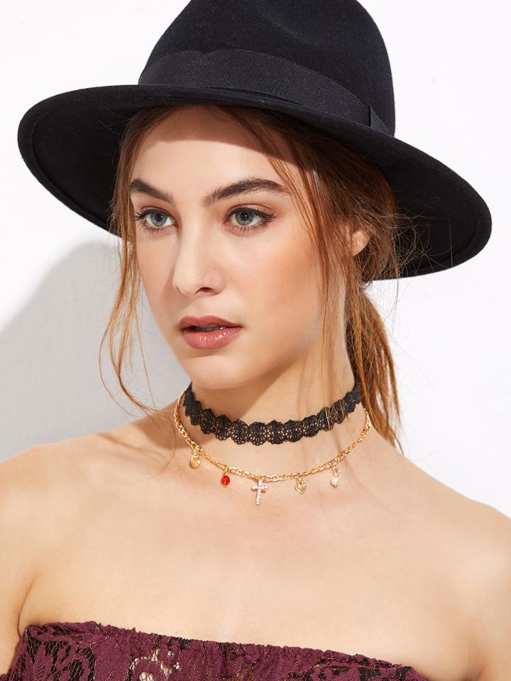 Shein Black Lace Layered Iconic Pendant Choker Necklace