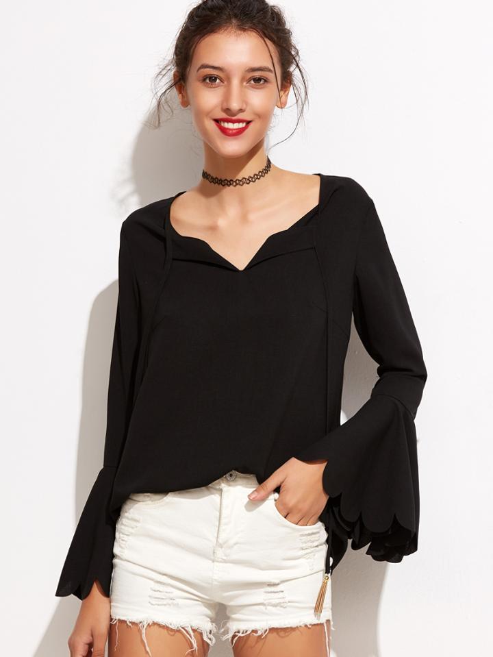 Shein Black V Neck Bell Sleeve Scalloped Blouse