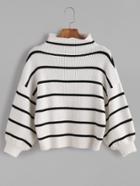 Shein White Striped Ribbed Knit Funnel Neck Bishop Sleeve Sweater
