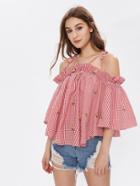 Shein Strappy Tie Shoulder Trumpet Sleeve Trapeze Gingham Top