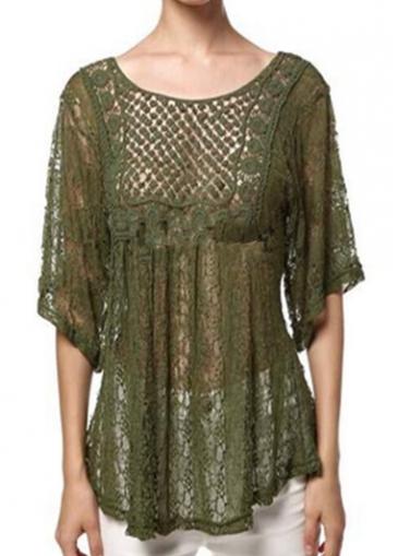 Rosewe Three Quarter Sleeve Round Neck Dark Green Blouse
