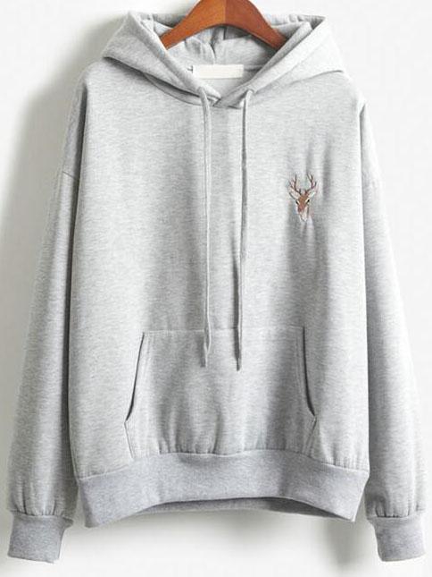 Shein Grey Hooded Deer Embroidered Loose Sweatshirt