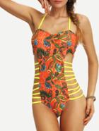 Shein Flower Print Ladder-cutout One-piece Swimwear