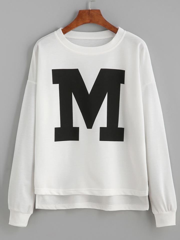 Shein White Letter Print Drop Shoulder Dip Hem Sweatshirt