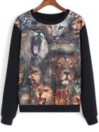 Shein Black Round Neck Tiger Print Sweatshirt