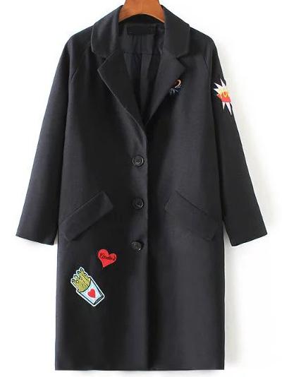 Shein Black Patch Embroidery Single Breasted Coat
