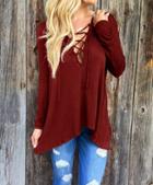 Shein Red V Neck Lace Up Loose T-shirt