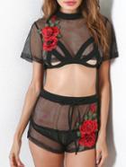 Shein 3d Embroidered Applique Crop Fishnet Top With Shorts