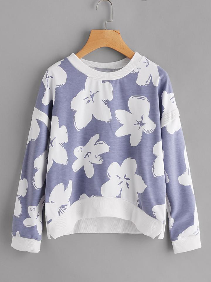 Shein Drop Shoulder Dip Hem Florals Sweatshirt