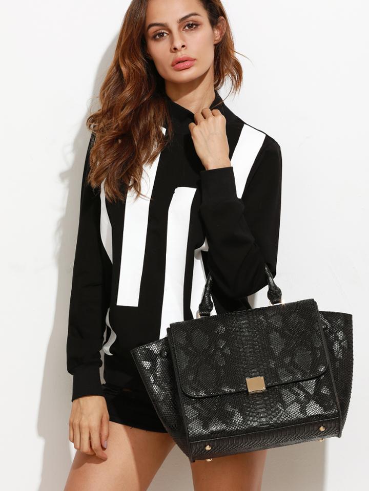Shein Black Snakeskin Leather Flap Handbag With Strap