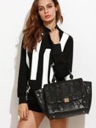 Shein Black Snakeskin Leather Flap Handbag With Strap