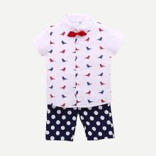 Shein Boys Bird Print Tie Neck Blouse With Polka Dot Pants