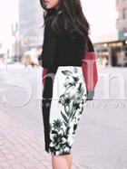Shein Black Floral Color Block Skirt