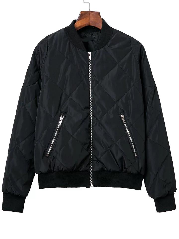 Shein Black Diamond Quilted Bomber Jacket With Zipper
