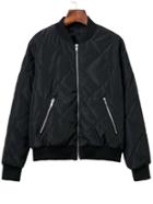 Shein Black Diamond Quilted Bomber Jacket With Zipper