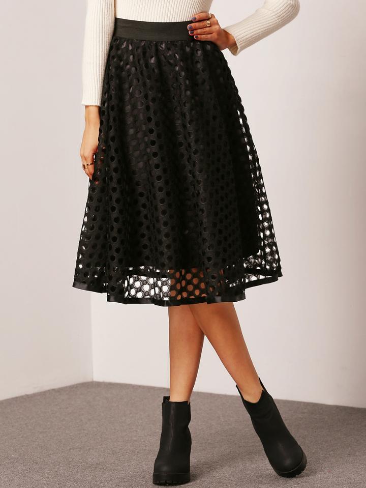 Shein Black Elastic Waist Hollow Out Flare Skirt