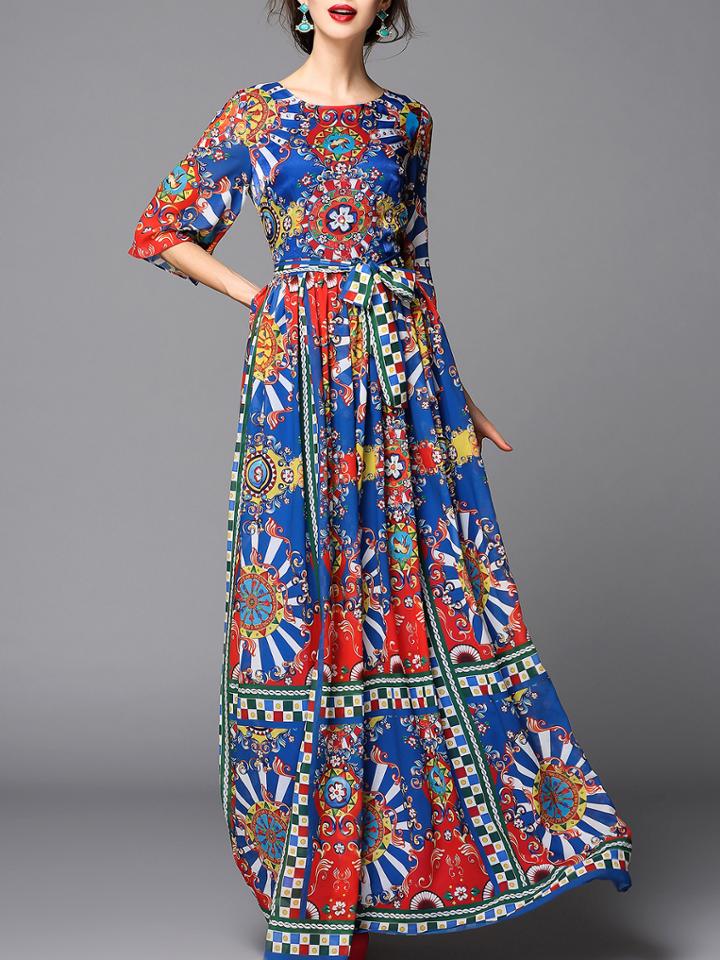Shein Blue Round Neck Half Sleeve Print Tie-waist Dress