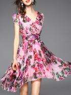 Shein Pink V Neck Ruffle Sleeve Floral Dress