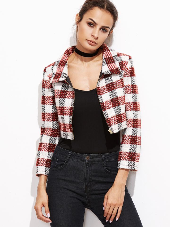 Shein Multicolor Plaid Crop Zip Up Tweed Jacket