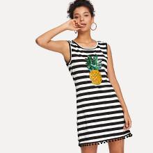 Shein Contrast Sequin Pineapple Applique Striped Shell Dress