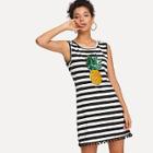 Shein Contrast Sequin Pineapple Applique Striped Shell Dress