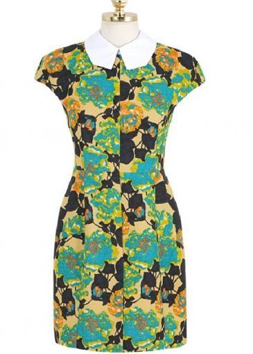 Rosewe Women Turndown Collar Printed Cap Sleeve Mini Dress