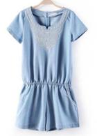 Rosewe Fine Quality Round Neck Short Sleeve Denim Rompers With Zip