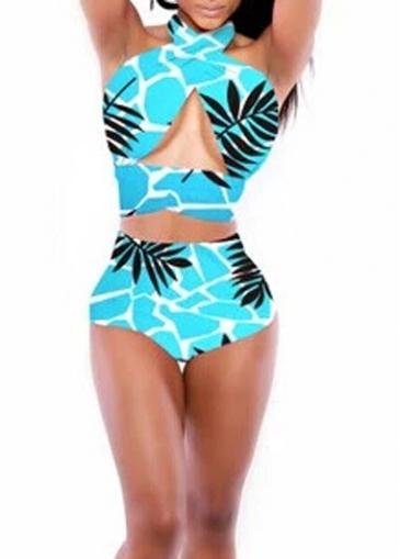 Rosewe Halter Neck Leaf Print Two Piece Swimsuit
