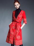 Shein Red V Neck Half Sleeve Embroidered Tie-waist Pockets Coat