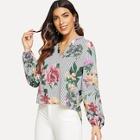Shein V-cut Floral Print Striped Top