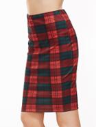 Shein Red And Green Plaid Slit Back Pencil Skirt