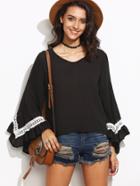 Shein Black Ruffle Bell Sleeve Contrast Crochet Fringe Top