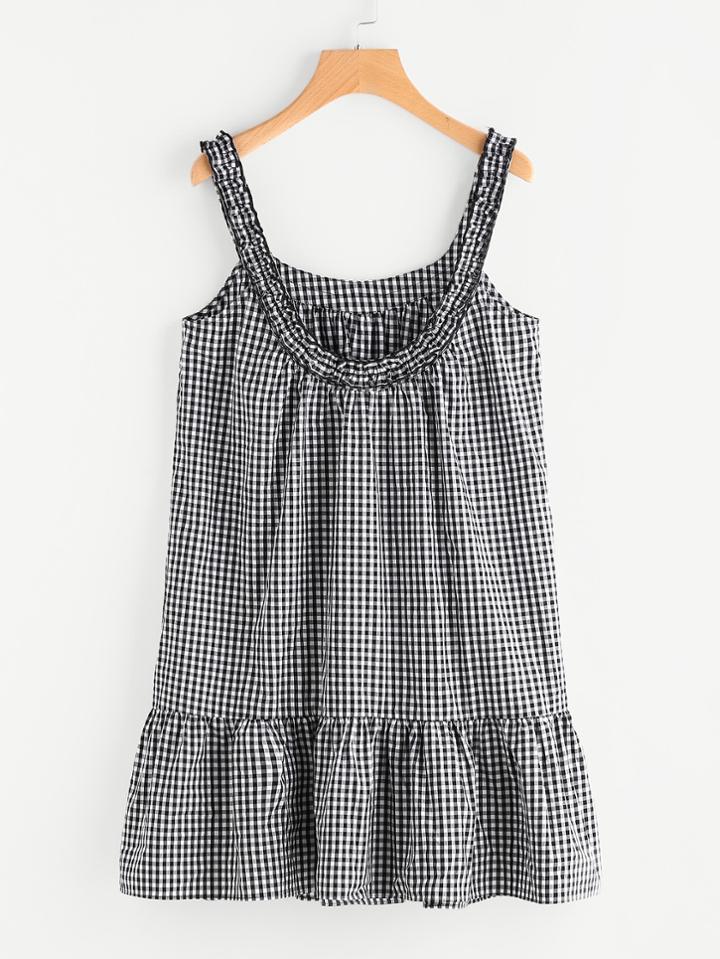 Shein Frilled Scoop Back Tiered Hem Gingham Dress