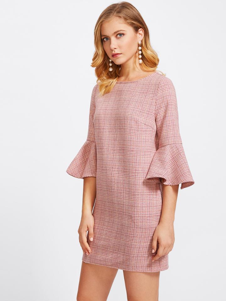 Shein Trumpet Sleeve Zip Back Plaid Dress