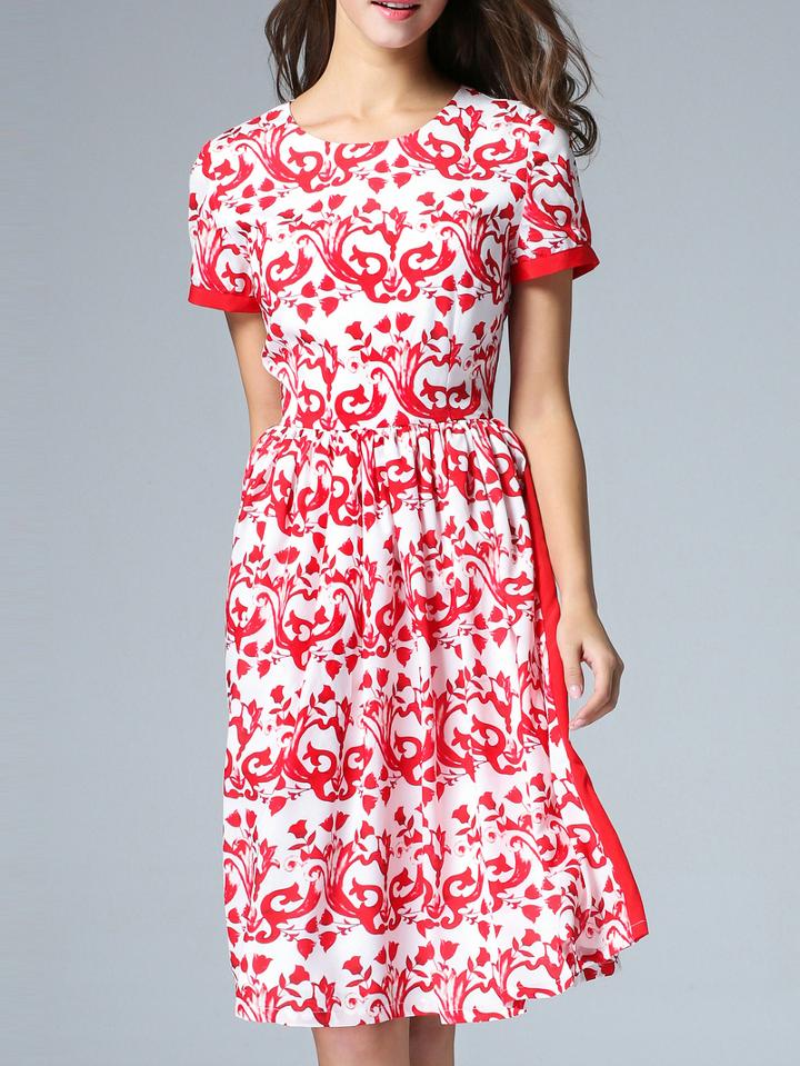 Shein Red Crew Neck Print A-line Dress
