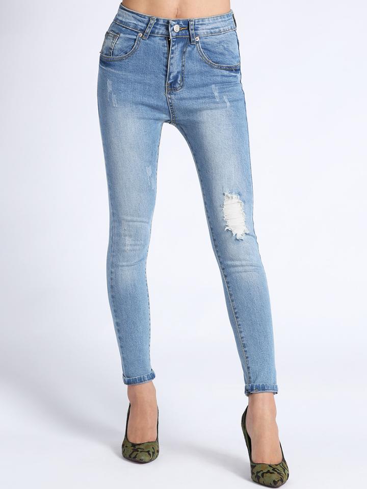 Shein Blue Skinny Bleached Ripped Denim Pant