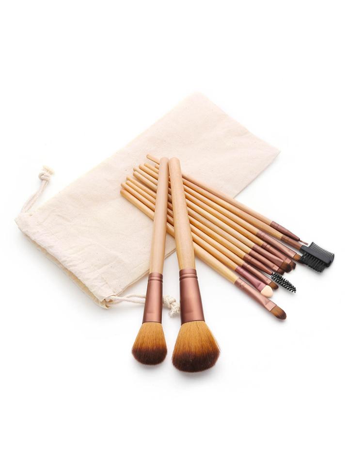 Shein Wood Handle Makeup Brush Set With Bag