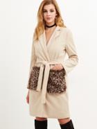 Shein Apricot Contrast Leopard Faux Fur Pockets Wrap Coat