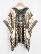 Shein Tribal Print Batwing Sleeve Lace Up Front Blouse