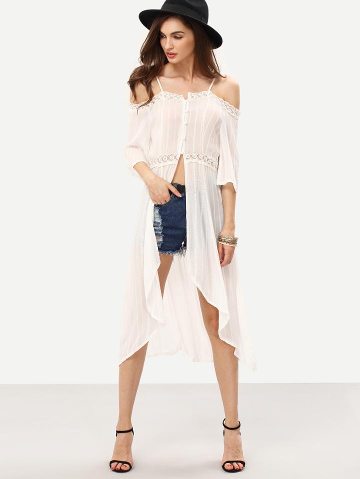 Shein Cold Shoulder Lace Insert Long Blouse
